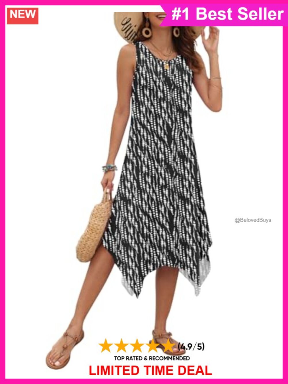 Sleeveless Midi Dress with Pockets Asymmetrical Hem Casual Summer Sundress